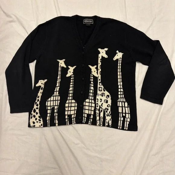 Vintage 90’s Black Cardigan with Giraffe Design - Picture 1 of 4